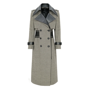 IDPAN女装冬季新款时尚气质通勤复古收腰显瘦千鸟格长风衣