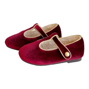 秋冬韩版女童加绒公主鞋甜美丝绒儿童皮鞋红色丁字单鞋复古奶奶鞋