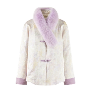 秋水伊人温婉气质撞色毛领羽绒服2025年冬季新款复古国风提花外套