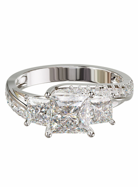 18K金公主方三石半圈排镶戒轻奢小众设计感婚戒可定制百搭食指戒