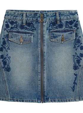 Desigual26秋冬新品花朵刺绣A字型短款牛仔半身裙