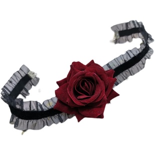 酒红色玫瑰花朵山茶花蕾丝颈链锁骨链项链女黑色甜妹透明弹性包邮