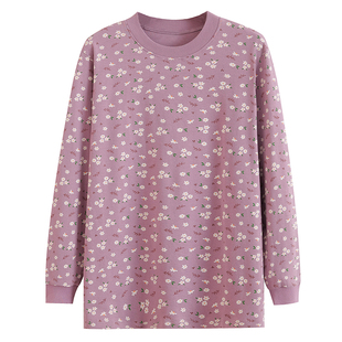 中老年女纯棉秋衣印花老人全棉打底线衣加肥大码宽松棉毛衫家居服