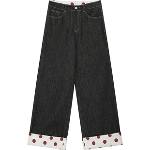 妖精的口袋波点印花拼接高腰牛仔裤女2026年早春新款宽松直筒裤子