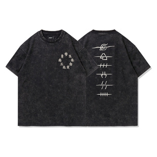 TEE7-火影忍者晓组织水洗做旧T恤印花Oversize宽松男款纯棉短袖