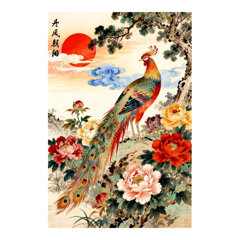 中式孔雀牡丹无框自粘装饰画