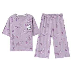 带胸垫一体系睡衣女士夏季短袖七分裤纯棉免穿文胸家居服外出套装