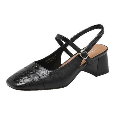 星期六方头浅口粗高跟包头凉鞋女