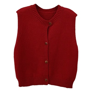 花花家秋冬新款韩版宽松显瘦针织马甲女圆领百搭红色叠穿坎肩背心