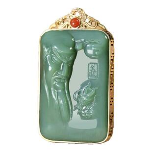 昆玉谣和田玉碧玉粉青18k金镶玉关公吊坠牌子玉石挂件男女款