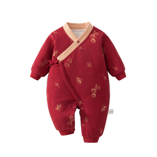 新生婴儿衣服夹棉连体衣婴幼儿a类纯棉满月初生宝宝冬装红色52码