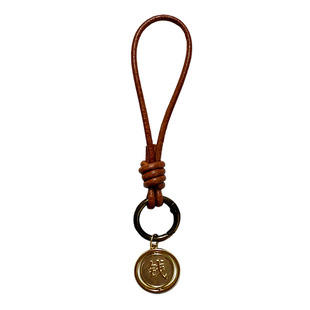 复古牛皮绳大钱字金属钥匙扣金色圆环手工编织钥匙圈ins风挂件绳