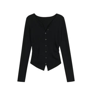 NEVA HU极简share 柔软V领短款针织衫女气质修身收褶长袖打底上衣