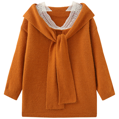 慕兔慵懒风蕾丝拼接绑带毛衣