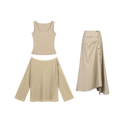 春季镂空露肩罩衫吊带半裙三件套