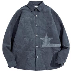 太平鸟男装 美式潮流休闲衬衫男秋季满版仿麂皮长袖衬衣男