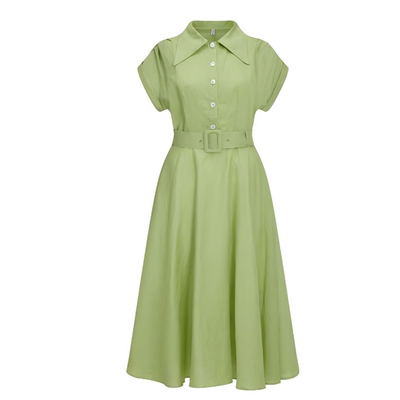 Chings 1960年代中古苎麻短袖衬衫裙收腰显瘦通勤感A字大摆连衣裙