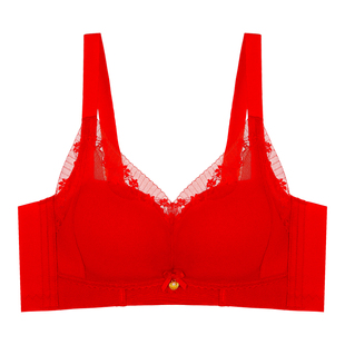红色文胸女无痕小胸加厚3cm滑滑杯聚拢显大结婚红无钢圈厚款内衣