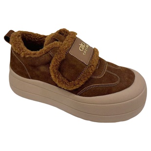 羊羔毛时尚厚底休闲鞋女2025年冬季新款韩系真皮加绒保暖运动女鞋