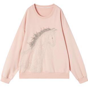 谜底卫衣长袖2025冬季新品抓毛卫衣小马绣花柔软亲肤女254MV1483