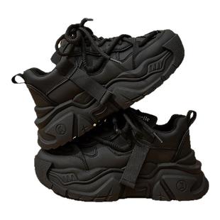 拉夏贝尔厚底老爹鞋女2025新款冬季加绒小个子增高黑色运动休闲鞋