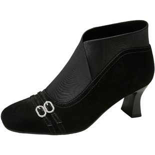 康莉羊皮高跟弹力袜靴女2025秋冬新款粗跟气质百搭短靴美拉德踝靴