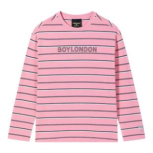 BOYLONDON粉色宽条纹纯棉圆领长袖T恤26秋冬男女休闲上衣N00904