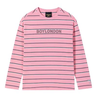 BOYLONDON粉色宽条纹纯棉圆领长袖T恤26秋冬男女休闲上衣N00904