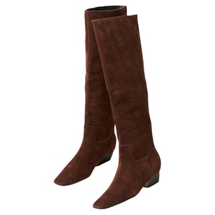 割草机老k 极简低跟方头直筒靴不过膝高筒靴长靴宽筒堆堆靴无拉链