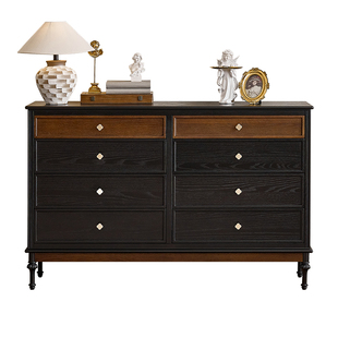 法式复古实木八斗柜中古风主卧室床尾储物柜美式黑色靠墙边抽屉柜