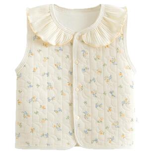 初生女宝宝碎花空气棉马甲新生婴儿娃娃领花边帽子满月百天套装