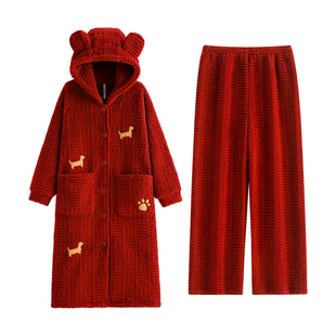 悦内睡衣女款睡袍冬季法兰绒加厚珊瑚绒红色本命年长款浴袍两件套