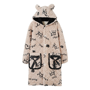 珊瑚绒睡袍冬季女加厚加绒三层夹棉中款睡衣女冬天可外穿连帽浴袍