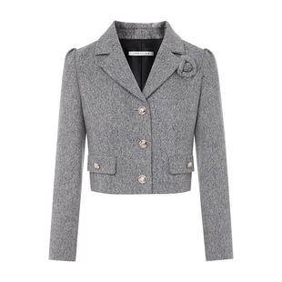 朗姿/LIME莱茵英伦人字纹花呢套装手工胸花小香风上衣半裙25新款