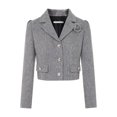 朗姿/LIME莱茵英伦人字纹花呢套装手工胸花小香风上衣半裙25新款