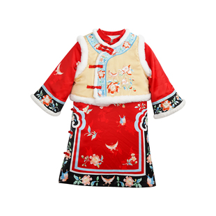 全程锦绣女童格格服冬装拜年服小女孩旗袍裙马甲国风中式过年唐装