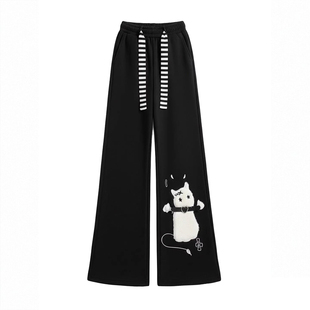 大码女装胖mm美式猫咪刺绣卫裤女黑色运动裤子宽松bf慵懒风直筒裤