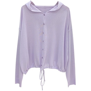 薄款连帽开衫针织衫女春夏款简约宽松休闲单排扣长袖防晒衫上衣