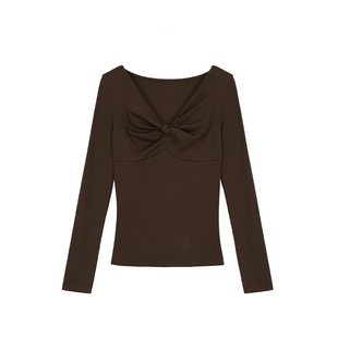 pusumede 【现货7折】悸动心思 设计感V领扭结长袖T恤女针织上衣