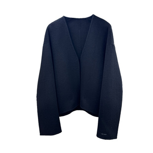 黑色无领短款双面绵羊毛大衣女25秋新款宽松时尚简约气质毛呢外套