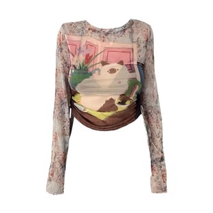 大码胖MM美式复古印花长袖T恤女秋季新款加绒加厚设计感显瘦上衣