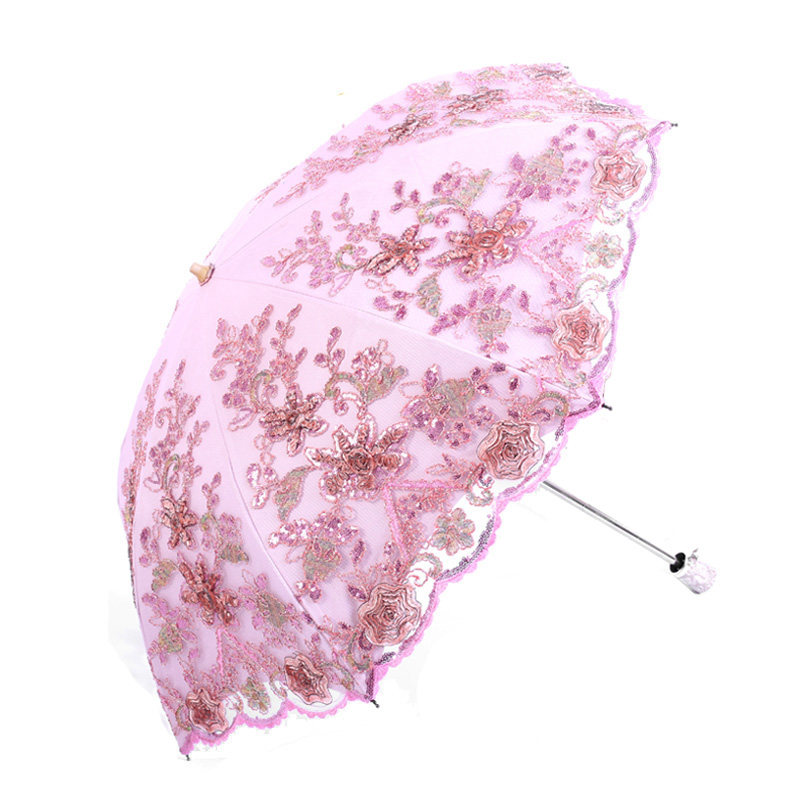新款公主刺绣太阳伞蕾丝花边防晒防紫外线女黑胶二折遮阳伞晴雨伞