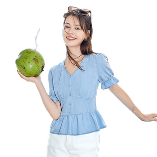 betu百图女装2024夏季新款莱赛尔短款V领衬衫短袖休闲衬衣上衣