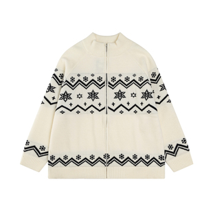 DHSS美式复古费尔岛开衫毛衣男女宽松秋冬百搭慵懒提花针织衫外套