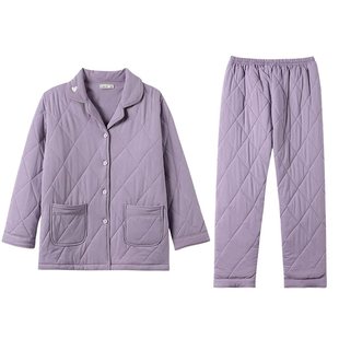 达尔丽加厚夹棉睡衣女冬纯棉保暖长袖三层空气棉家居服秋冬厚套装