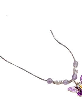 小众轻奢高级感紫蝴蝶紫水晶项链925纯银清新复古锁骨链甜美40669