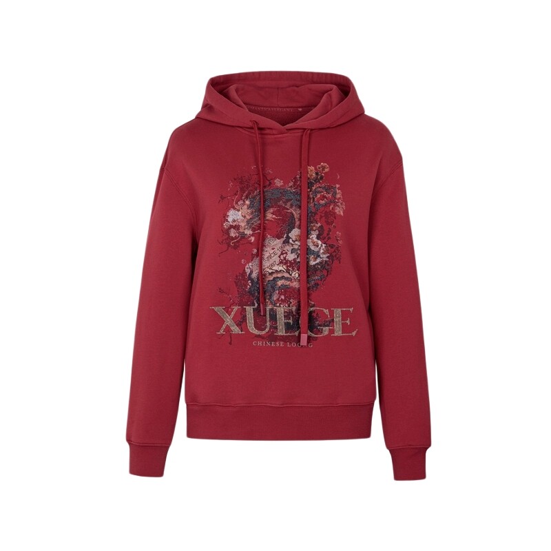 XG雪歌XK101001A113红色印花连帽卫衣2025春季新款长袖纯棉上衣女