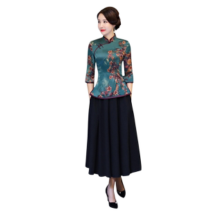 旗袍改良版连衣裙复古中国风民国上衣中长袖新式旗袍两件套长款女