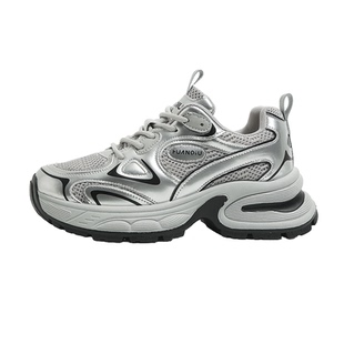 环球银色老爹鞋女款加绒增高显脚小轻便软底超轻网面透气运动鞋子