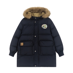 马拉丁儿童新年羽绒服25冬超暖毛绒领大口袋中长红色羽绒服